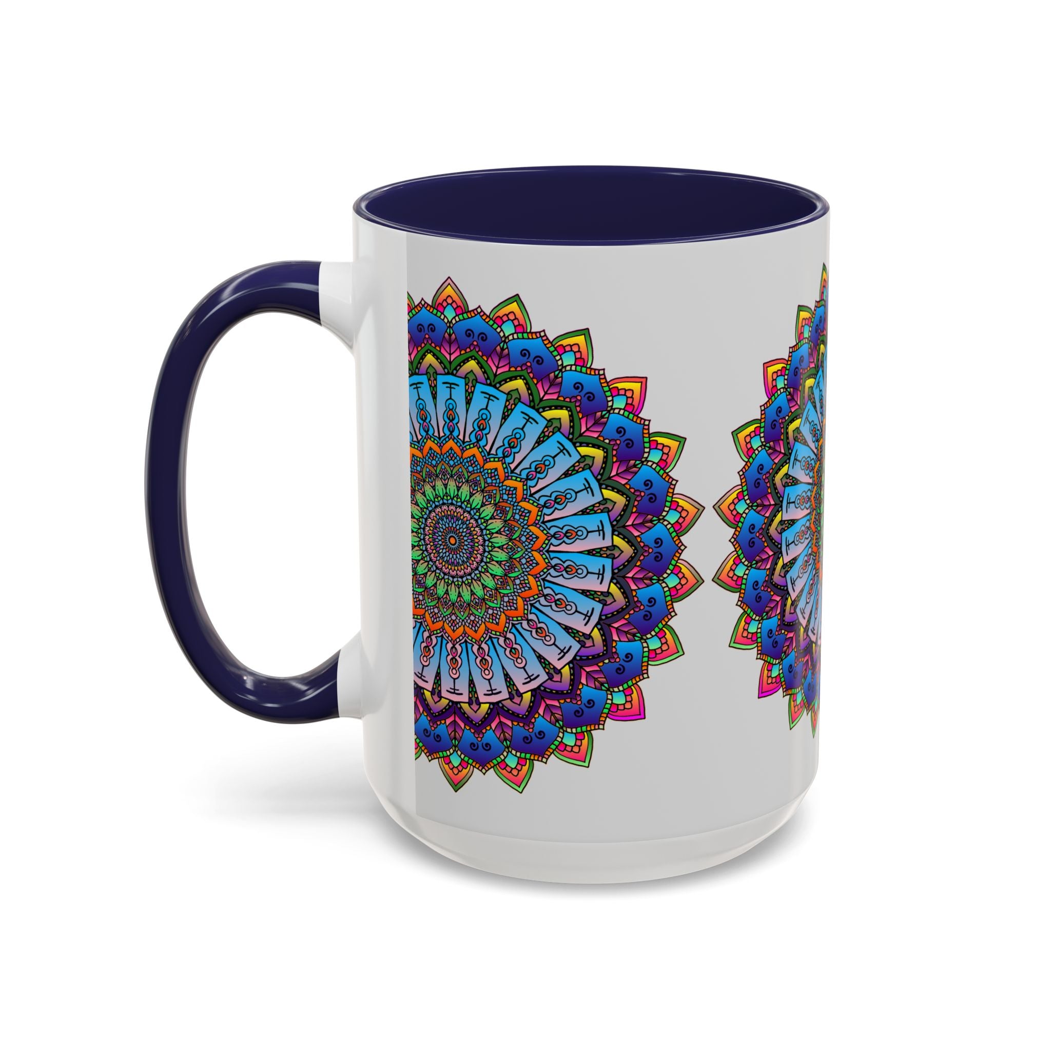 Vibrant Mandala Mug featuring colorful and intricate art on a grey background, perfect for adding a pop of color to your morning routine