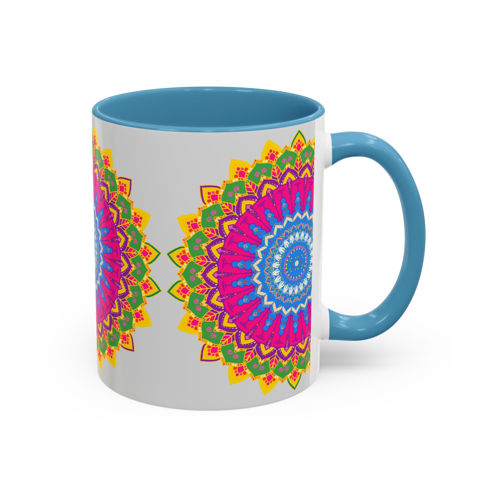 A colorful geometric mandala art mug showcasing intricate and vibrant design