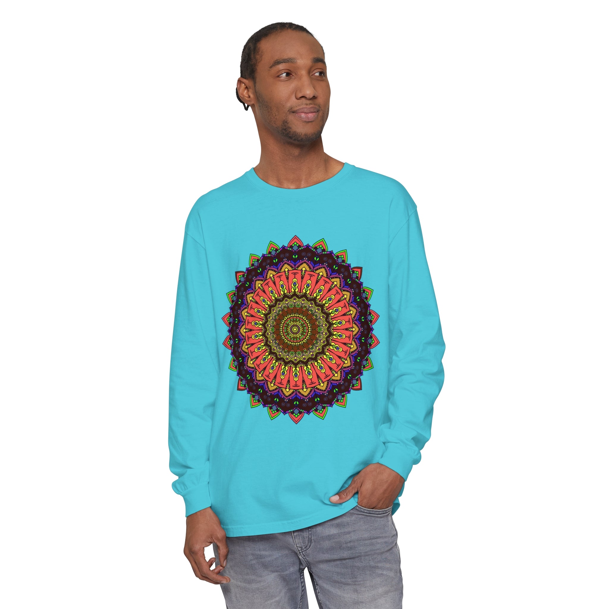 Stunning long sleeve t-shirt with intricate and colorful mandala design