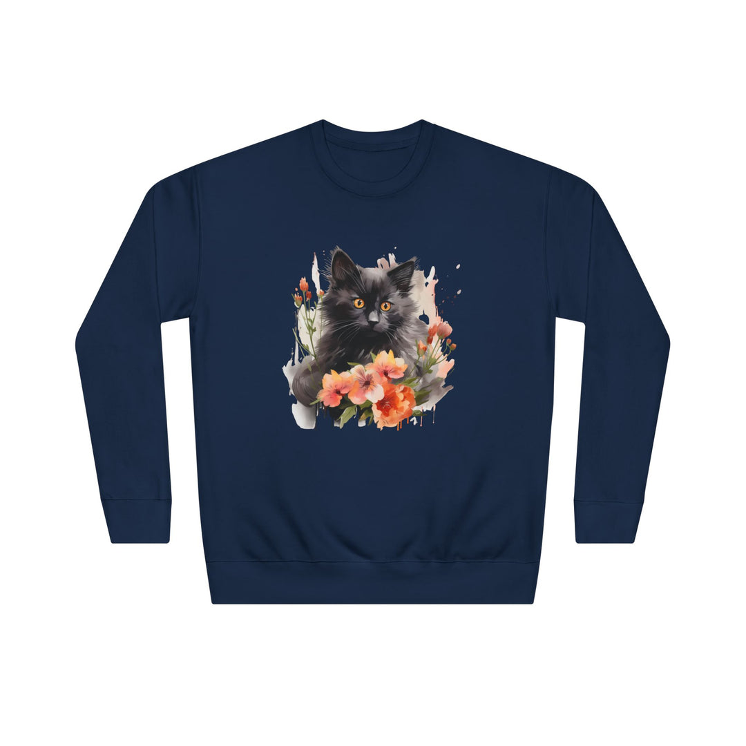 Black Cat and Blossoming Flowers Soft Cotton Sweatshirt