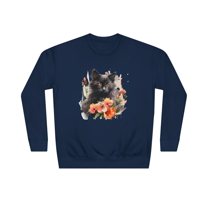 Black Cat and Blossoming Flowers Soft Cotton Sweatshirt