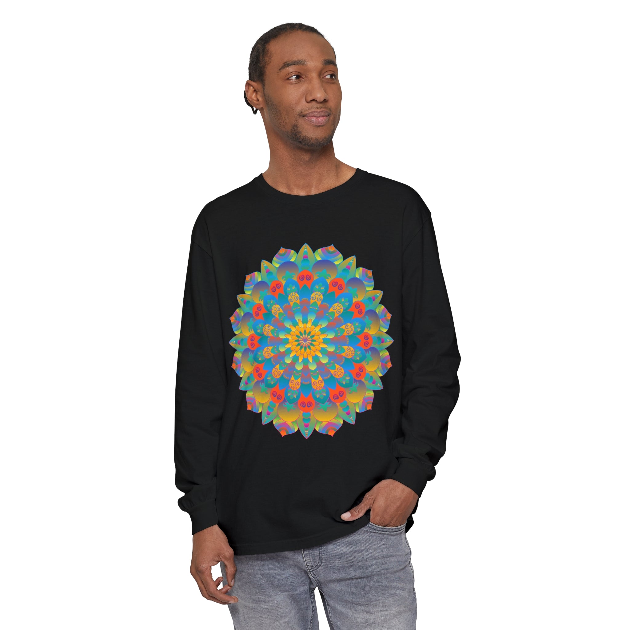 Unisex long sleeve t-shirt featuring a vivid and eye-catching mandala