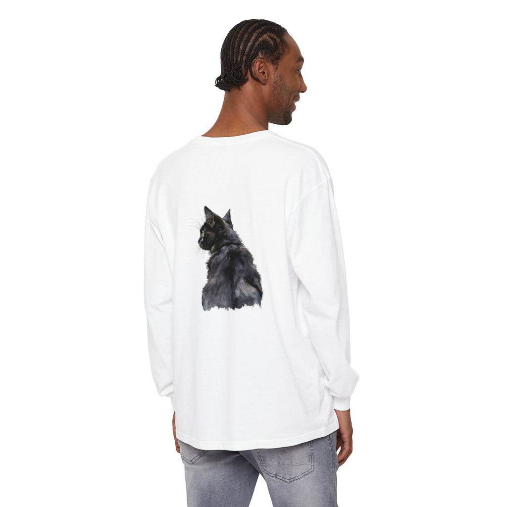 Black Cat Watercolor Long Sleeve T-Shirt featuring a beautiful watercolor design of a black cat on a comfortable long sleeve shirt