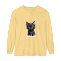 A cute black kitten with bright green eyes printed on a comfortable cotton t-shirt