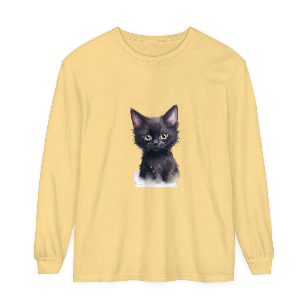 A cute black kitten with bright green eyes printed on a comfortable cotton t-shirt