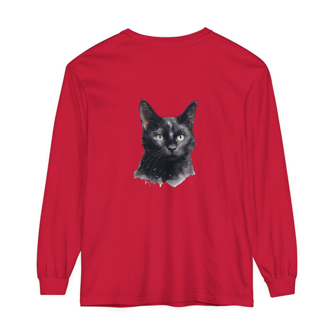 Black Cat Watercolor Unisex Long Sleeve T-Shirt with vibrant, hand-painted feline design