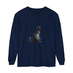 Black Cat Mystery unisex long sleeve tee, featuring a mysterious black cat design