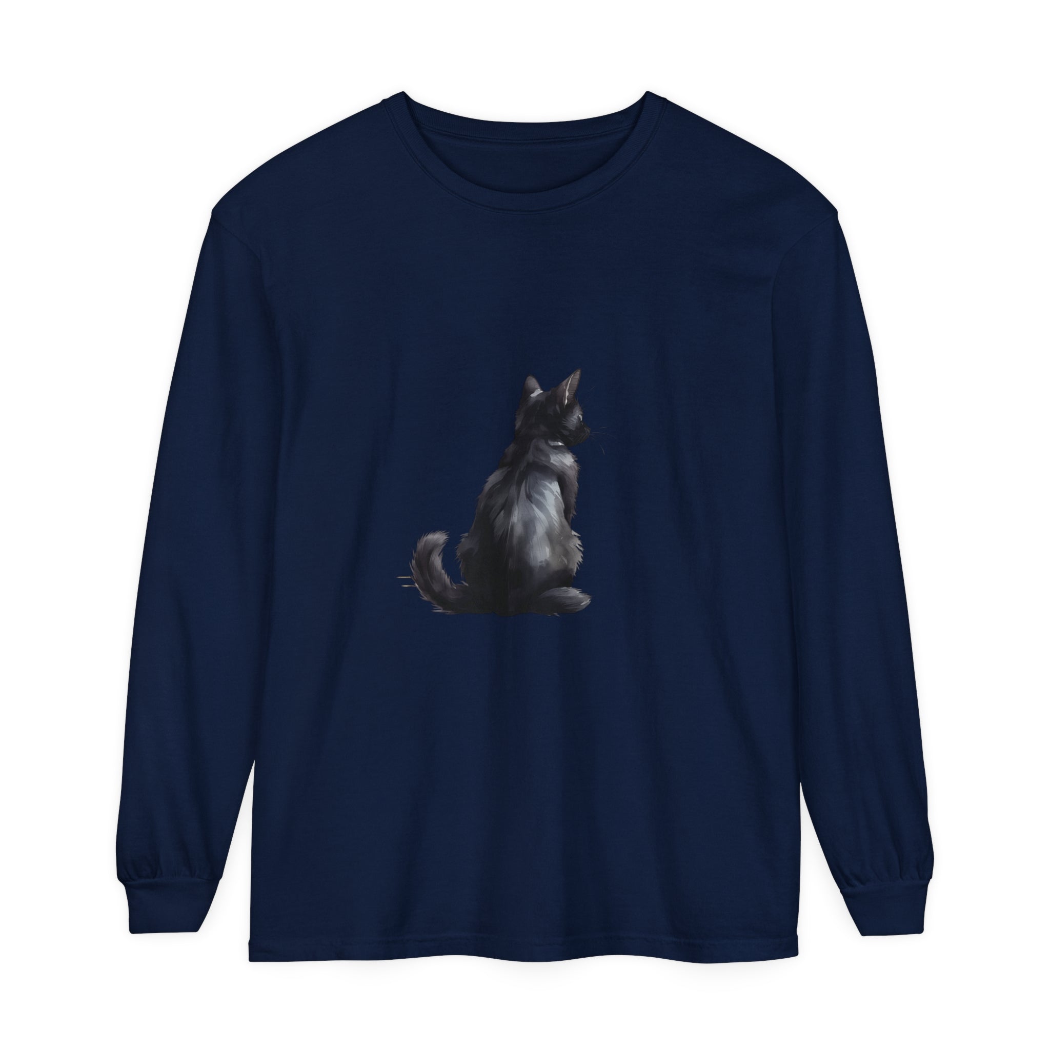 Black Cat Mystery unisex long sleeve tee, featuring a mysterious black cat design