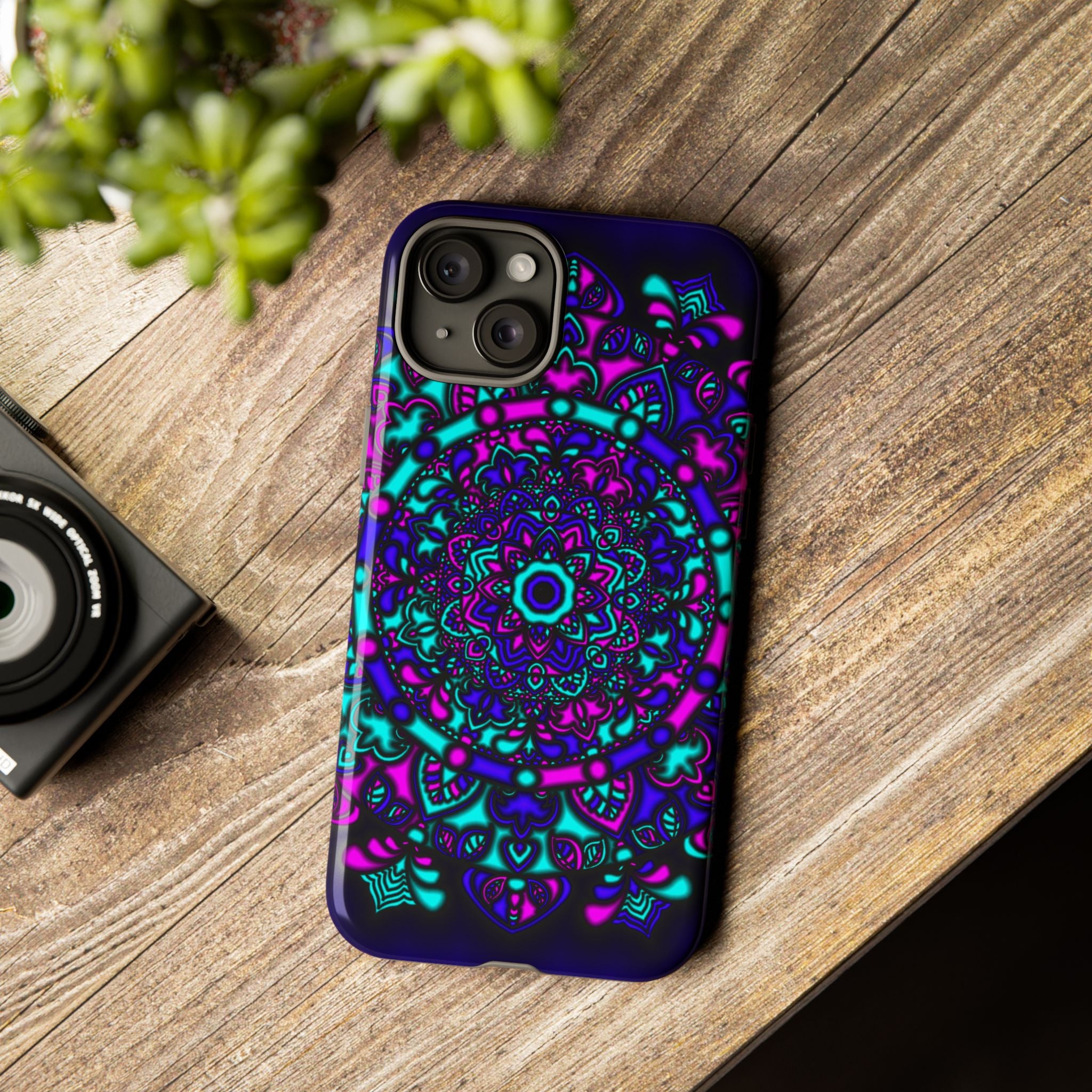 Mandala Neon Phone Case — Purple & Teal Protective Tough Case