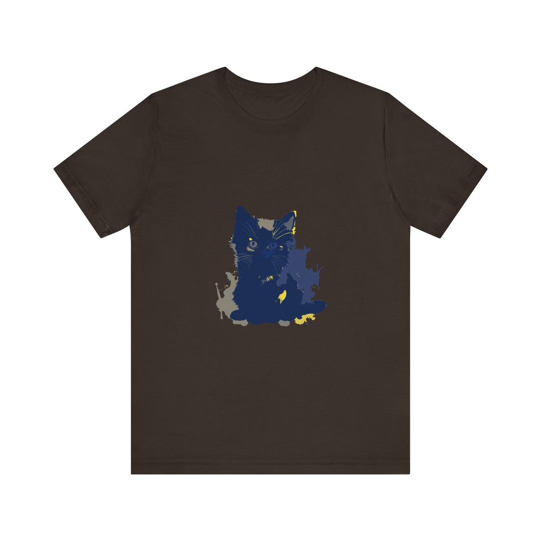 A midnight blue cat mystery t-shirt featuring a curious feline design