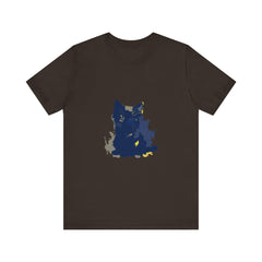 A midnight blue cat mystery t-shirt featuring a curious feline design
