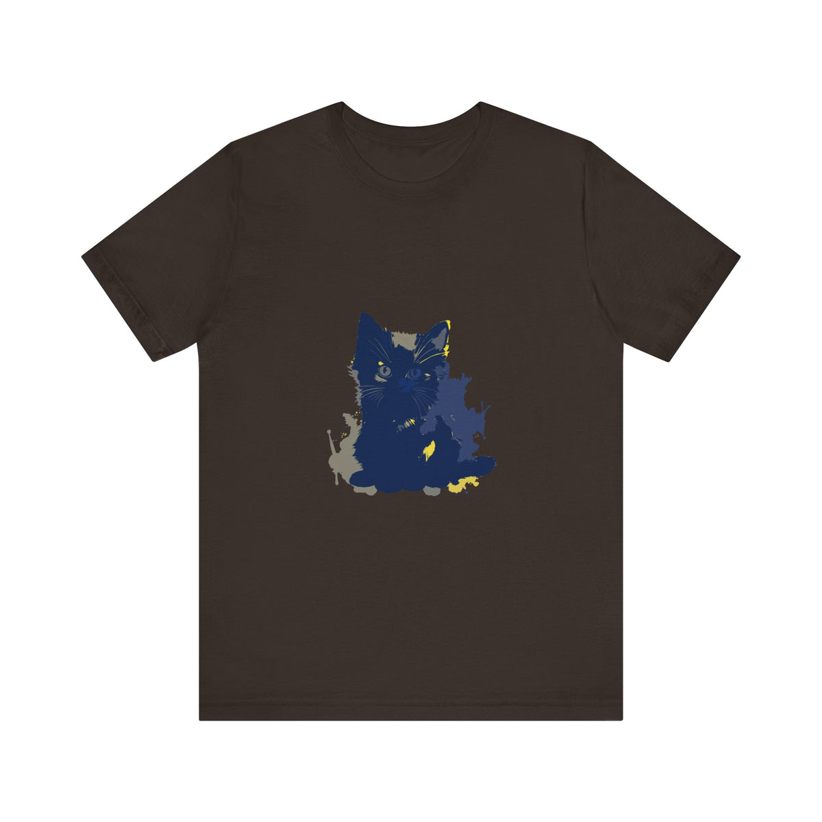 A midnight blue cat mystery t-shirt featuring a curious feline design