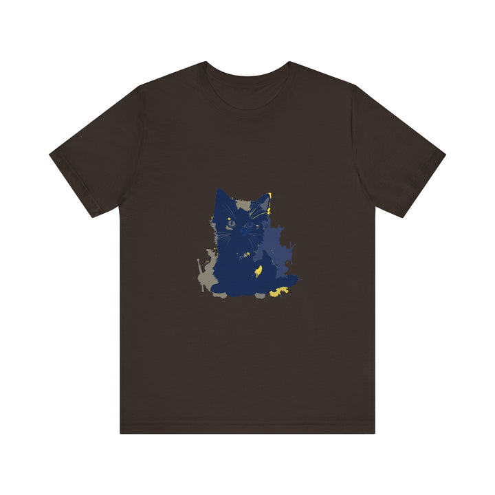 A midnight blue cat mystery t-shirt featuring a curious feline design