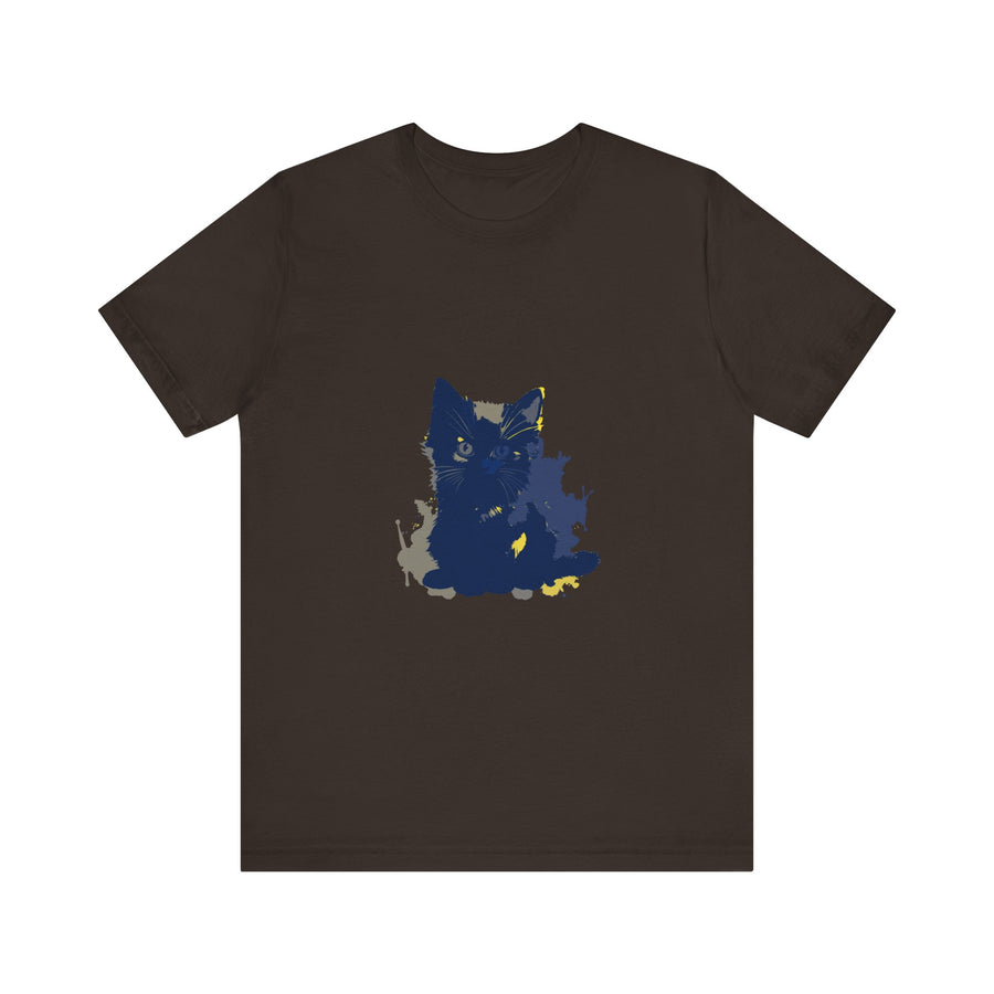A midnight blue cat mystery t-shirt featuring a curious feline design