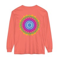 Colorful and detailed mandala design featured on long sleeve unisex t-shirt