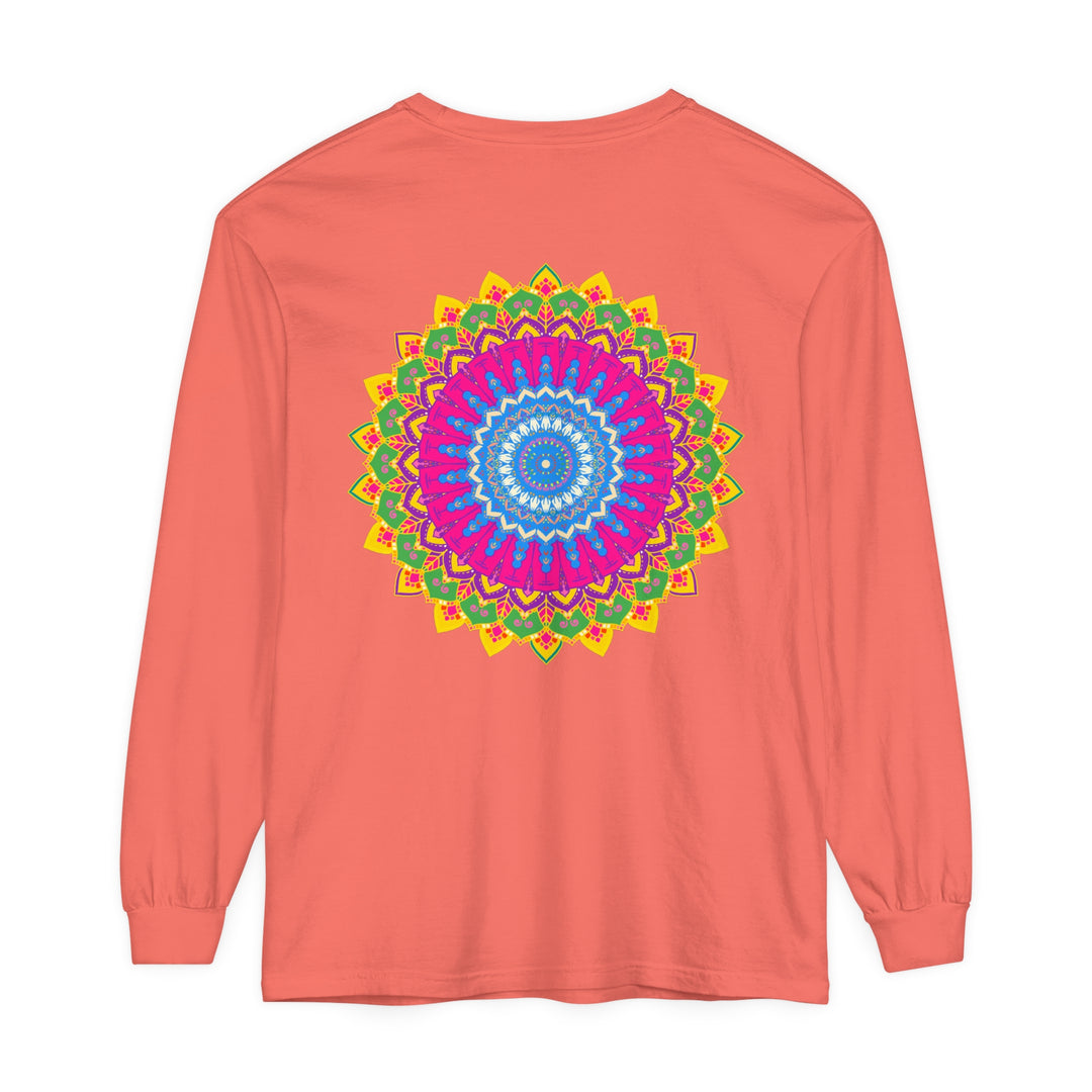 Colorful and detailed mandala design featured on long sleeve unisex t-shirt