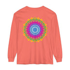 Colorful and detailed mandala design featured on long sleeve unisex t-shirt