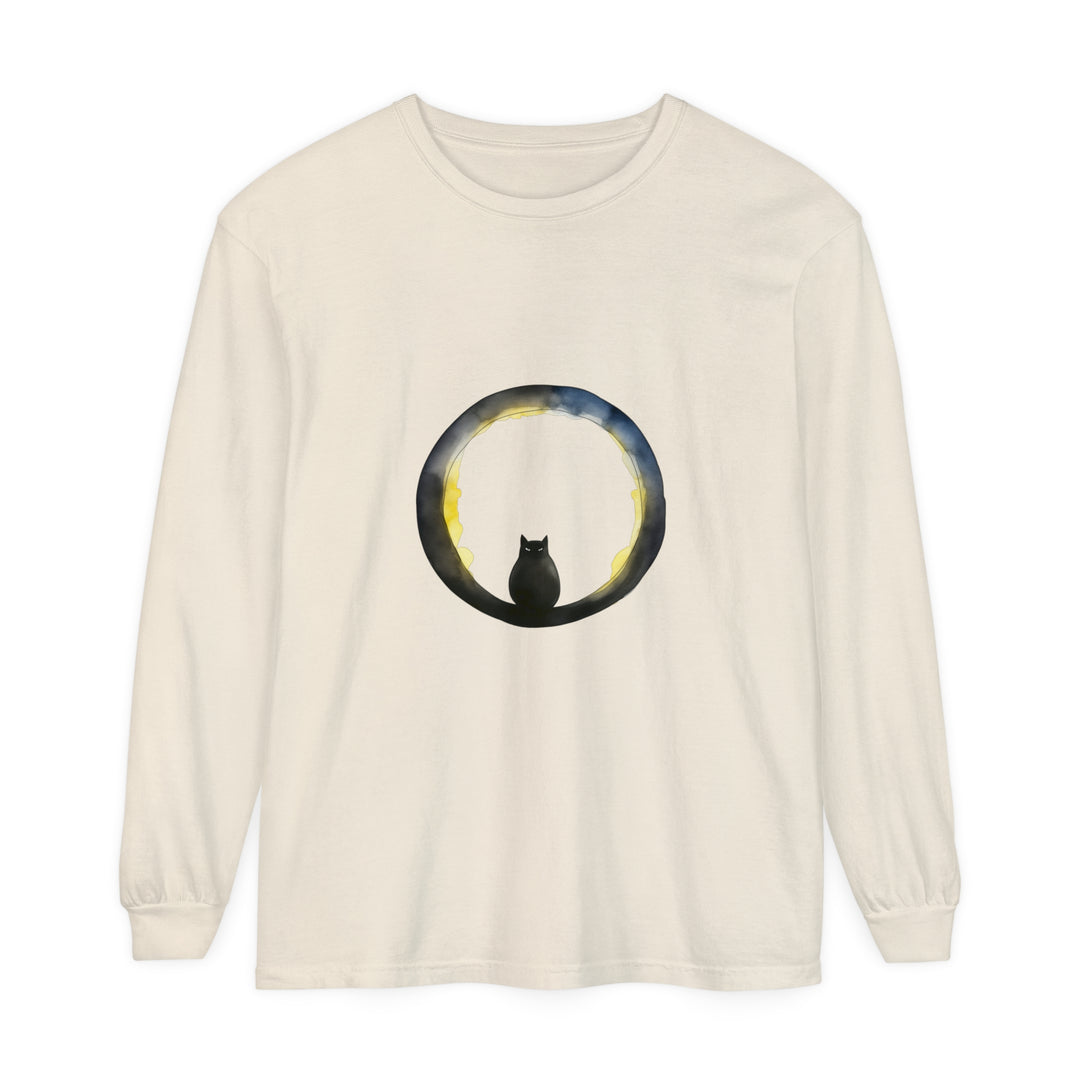 A spooky black cat sits in front of a crescent moon on a Halloween-themed t-shirt