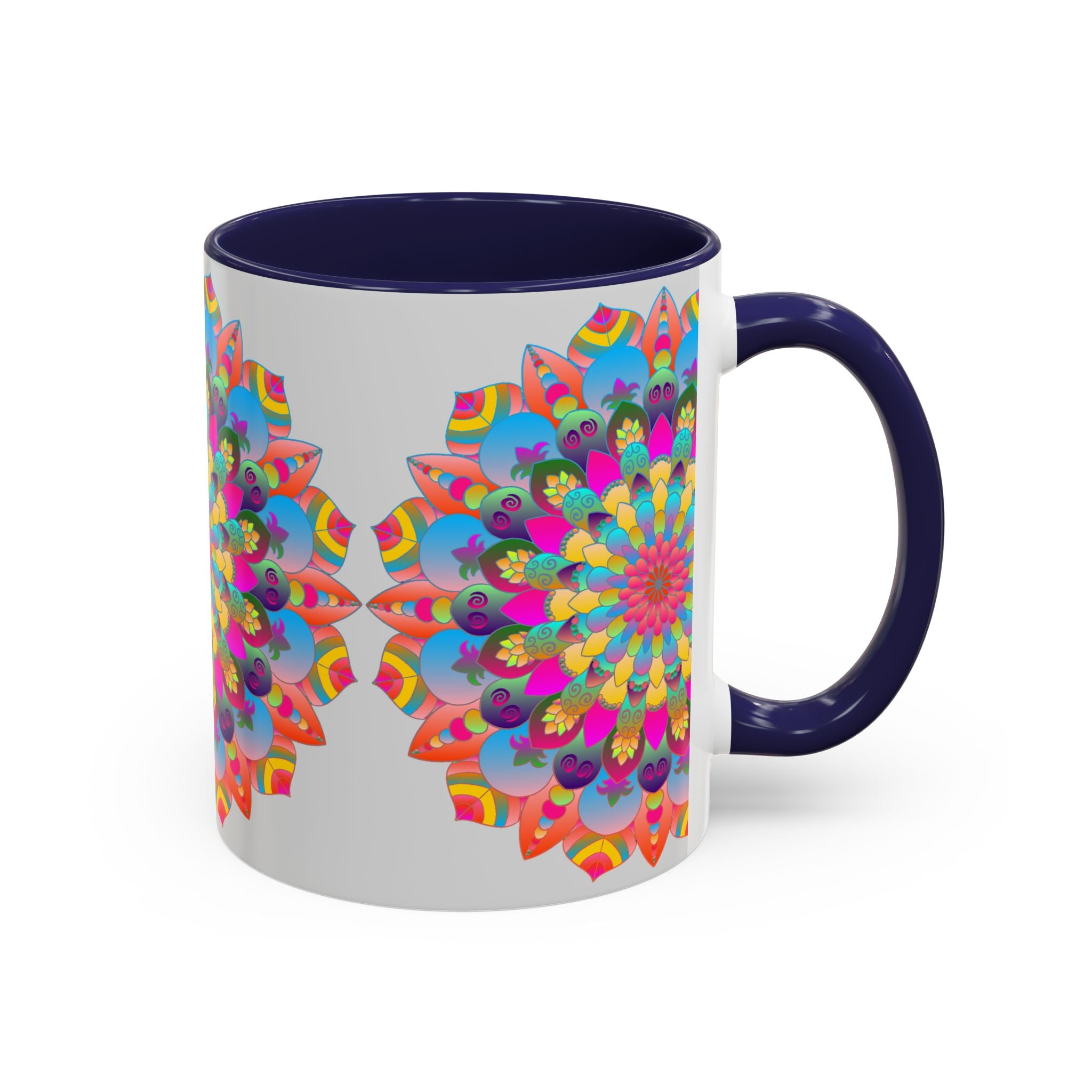 Colorful mandala art ceramic mug with a vibrant circular design