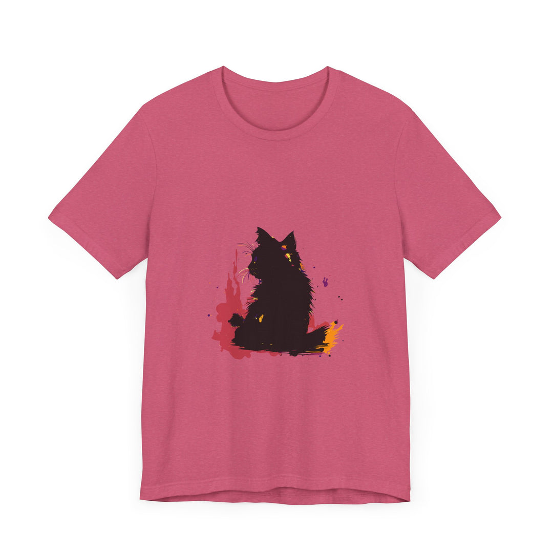 Black Cat Mystery T-Shirt featuring colorful splatter art on black fabric