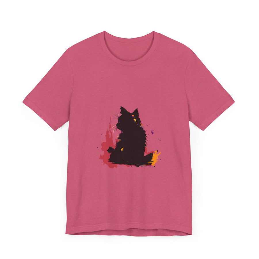 Black Cat Mystery T-Shirt featuring colorful splatter art on black fabric