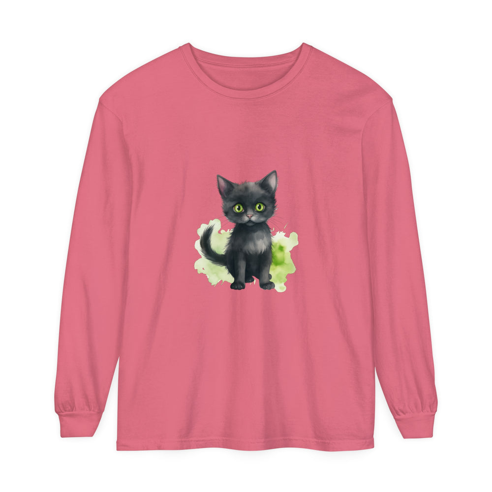 Black Cat Watercolor Long Sleeve T-Shirt with vibrant, hand-painted feline design