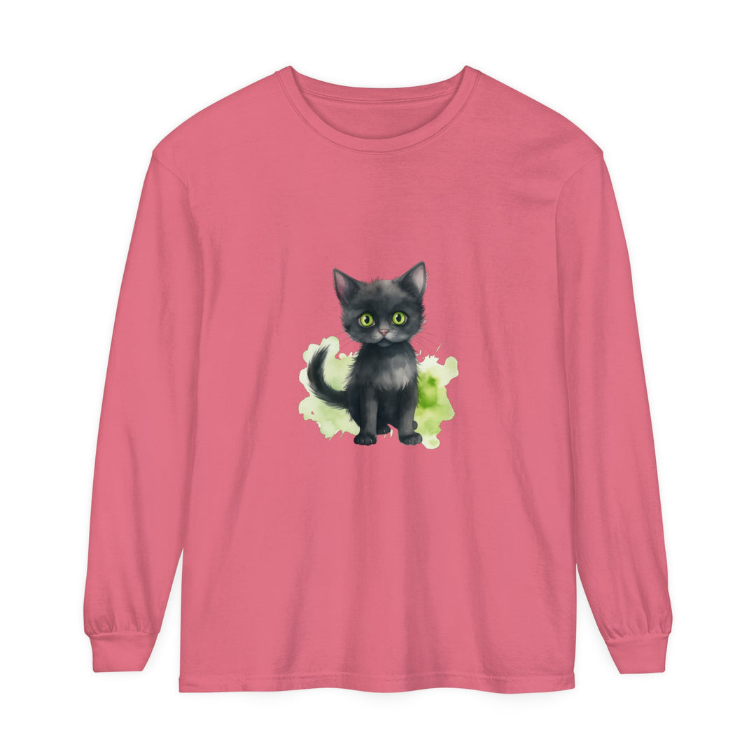 Black Cat Watercolor Long Sleeve T-Shirt with vibrant, hand-painted feline design