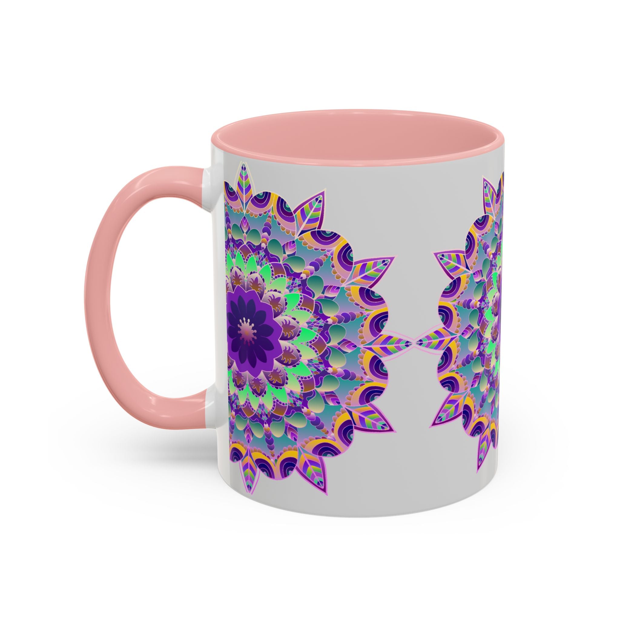 Vibrant Mandala Art Mug in Light Grey with intricate floral and geometric designs, perfect for adding a pop of color and style to your daily coffee or tea routine