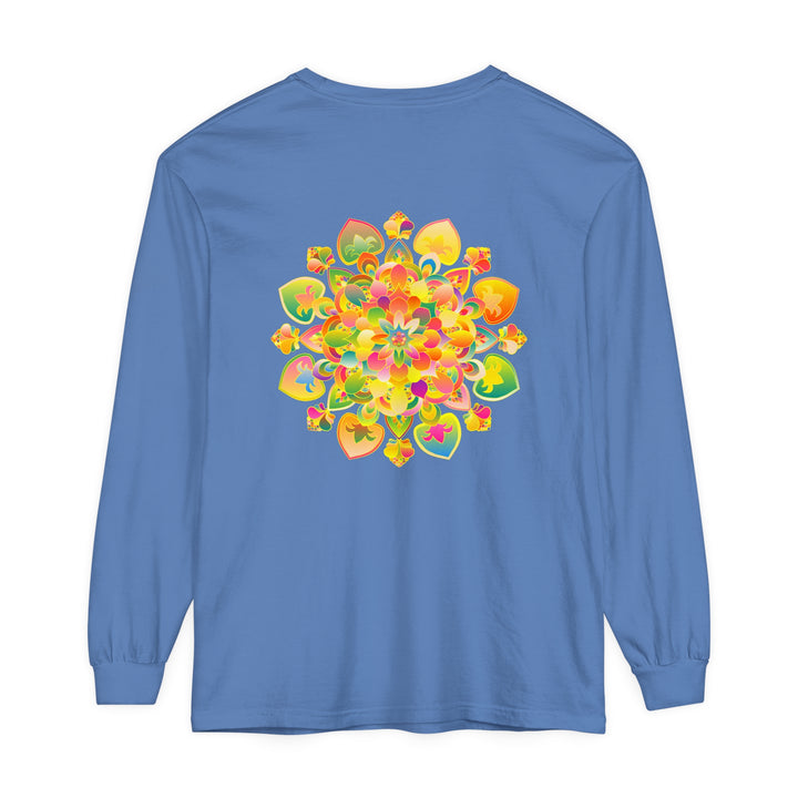 Colorful and intricate psychedelic mandala design on a long sleeve t-shirt