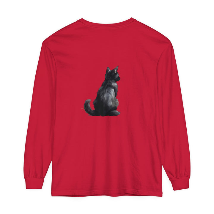 Black Cat Mystery unisex long sleeve tee, a black top with a mysterious cat design