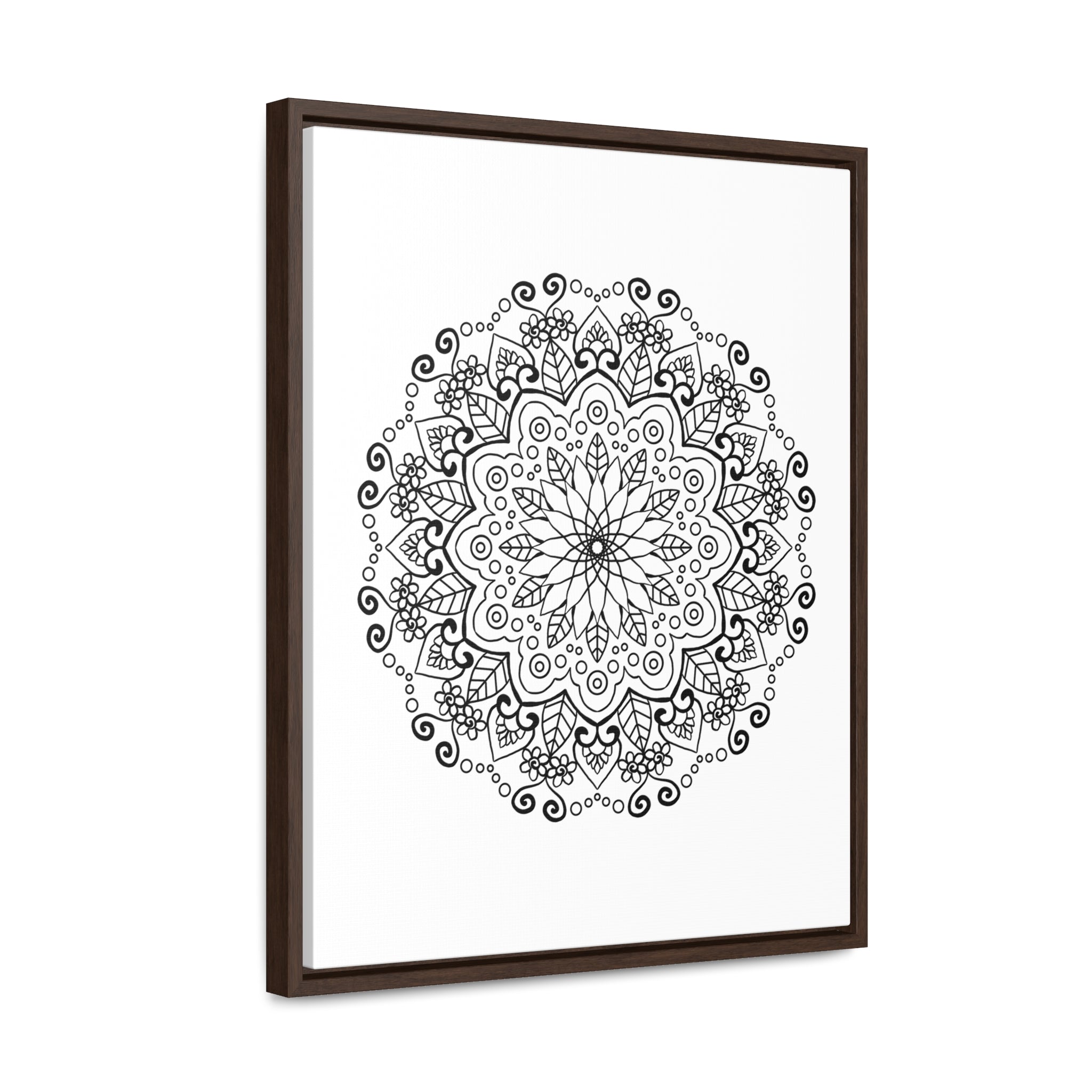 Handcrafted black and white mandala art on gallery canvas wrap with vertical frame