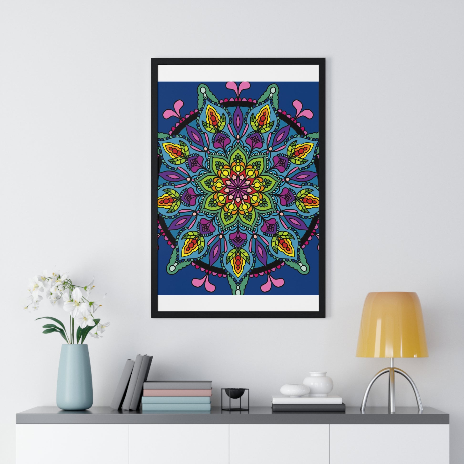 Beautiful blue mandala art poster framed vertically for yoga and mindfulness