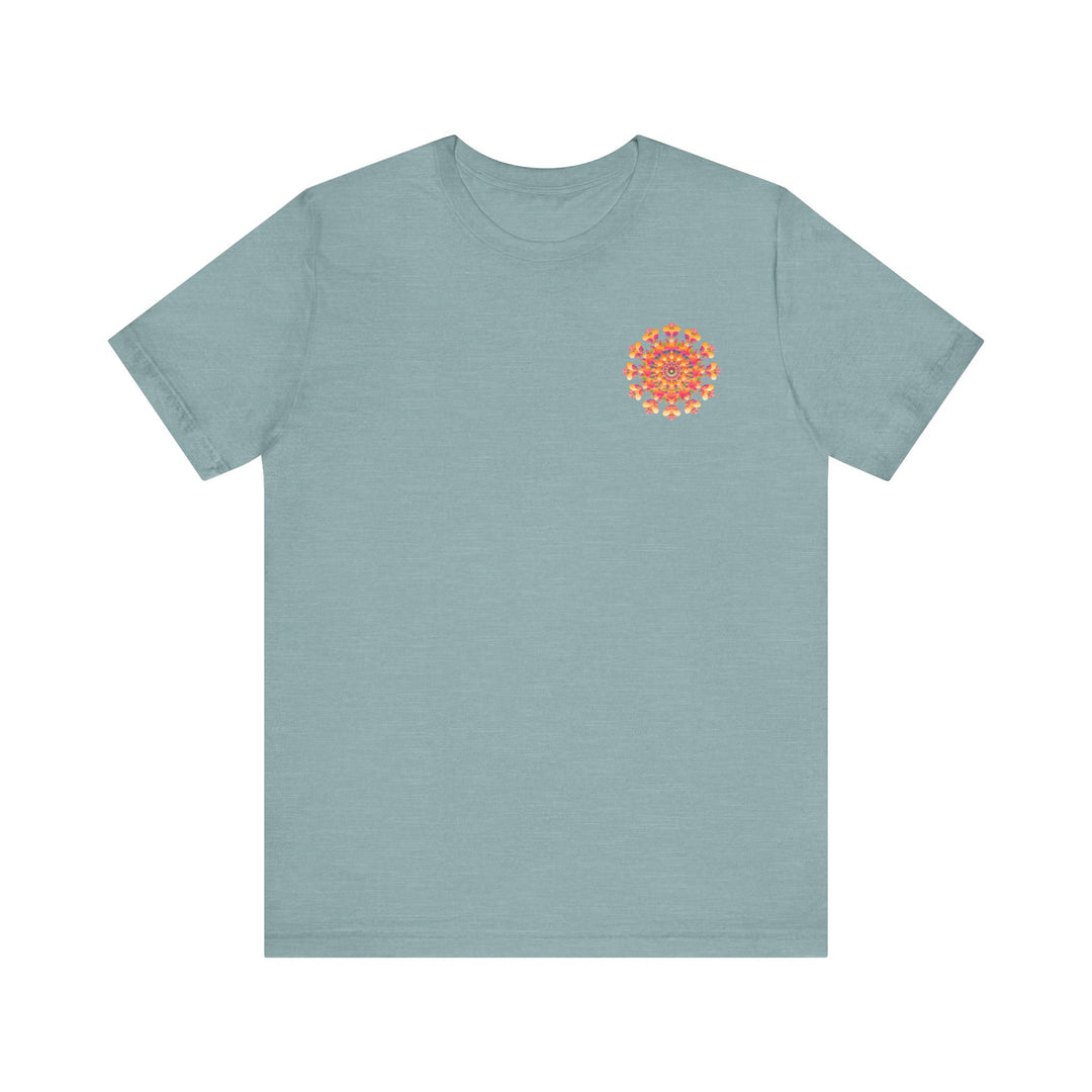 A colorful and intricate mandala design tee shirt symbolizing spiritual peace and harmony