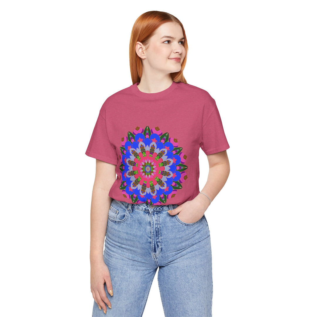 Colorful mandala geometric t-shirt with vibrant hues and intricate patterns, perfect for adding a pop of color to any outfit