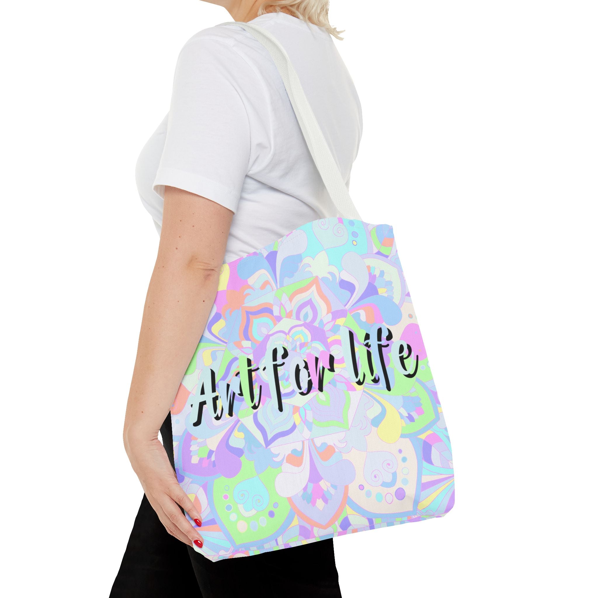 Colorful mandala tote bag featuring intricate designs and the 'Art for Life' quote, perfect for adding a vibrant touch to your accessories collection