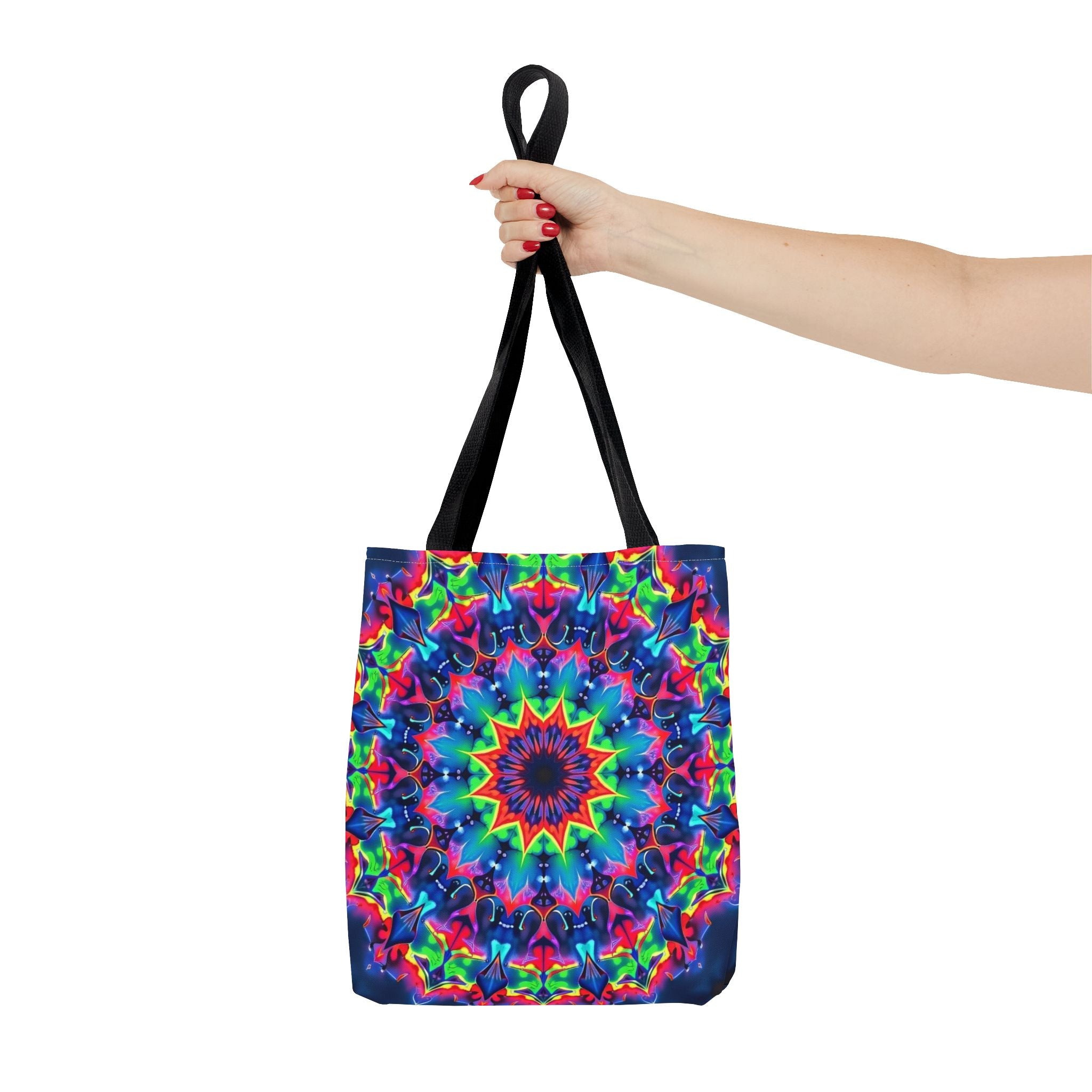 Colorful psychedelic mandala pattern tote bag, perfect for carrying your essentials in style