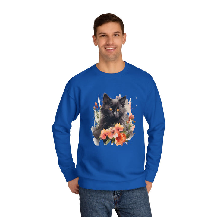 Black Cat and Blossoming Flowers Soft Cotton Sweatshirt