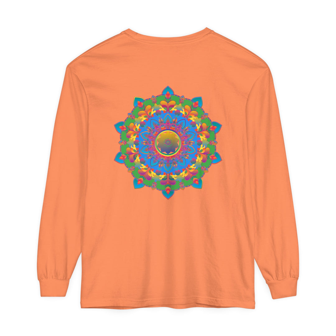 Intricate mandala design in vibrant colors on a long sleeve t-shirt