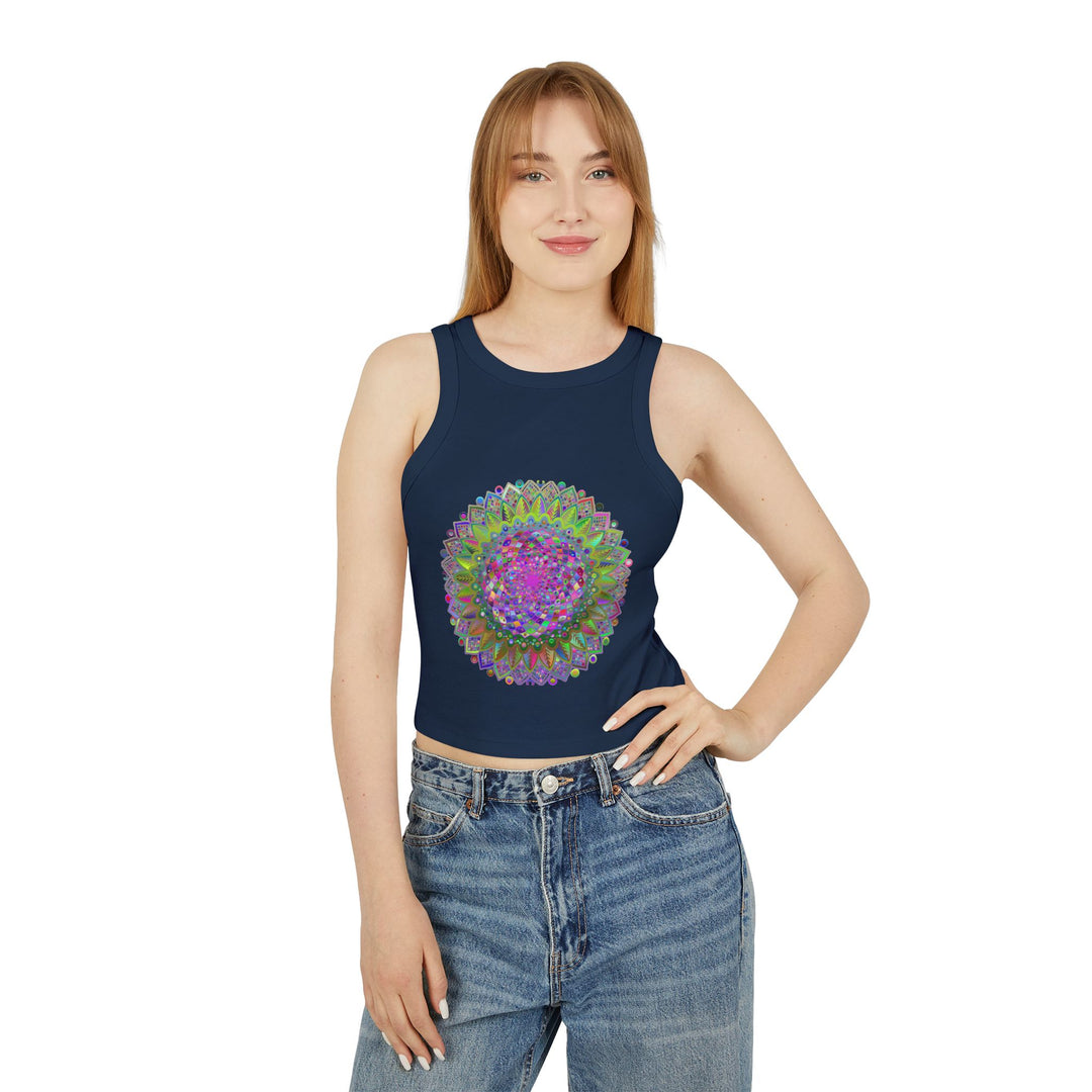 Vibrant Mandala Racerback Tank Top with intricate, colorful design and comfortable fit for yoga and active lifestyle