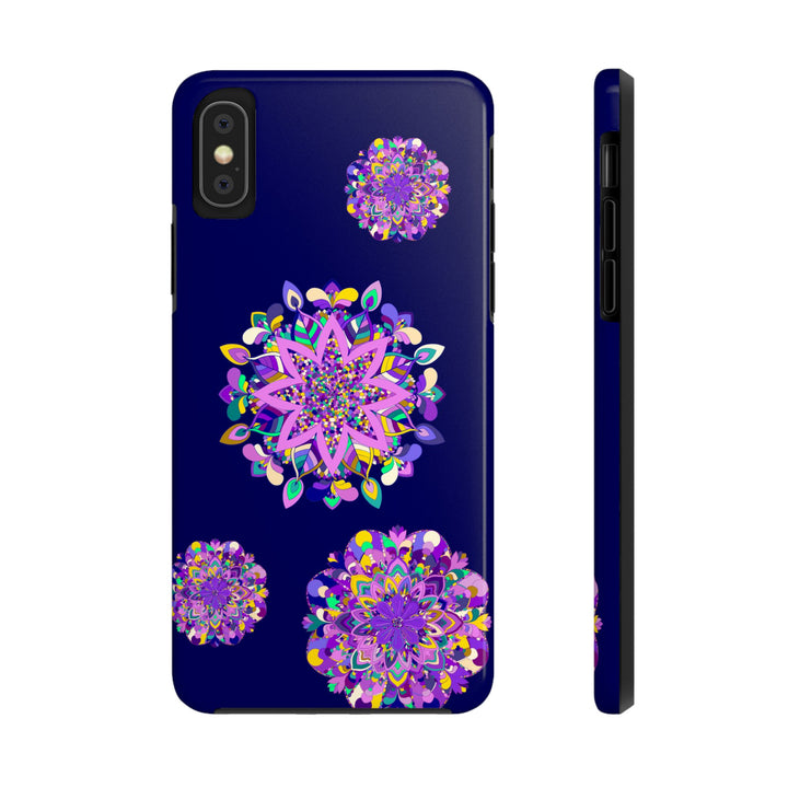 A beautiful hand-drawn mandala art purple shades phone case, highlighting its durability and shock absorbent features for ultimate protection and style