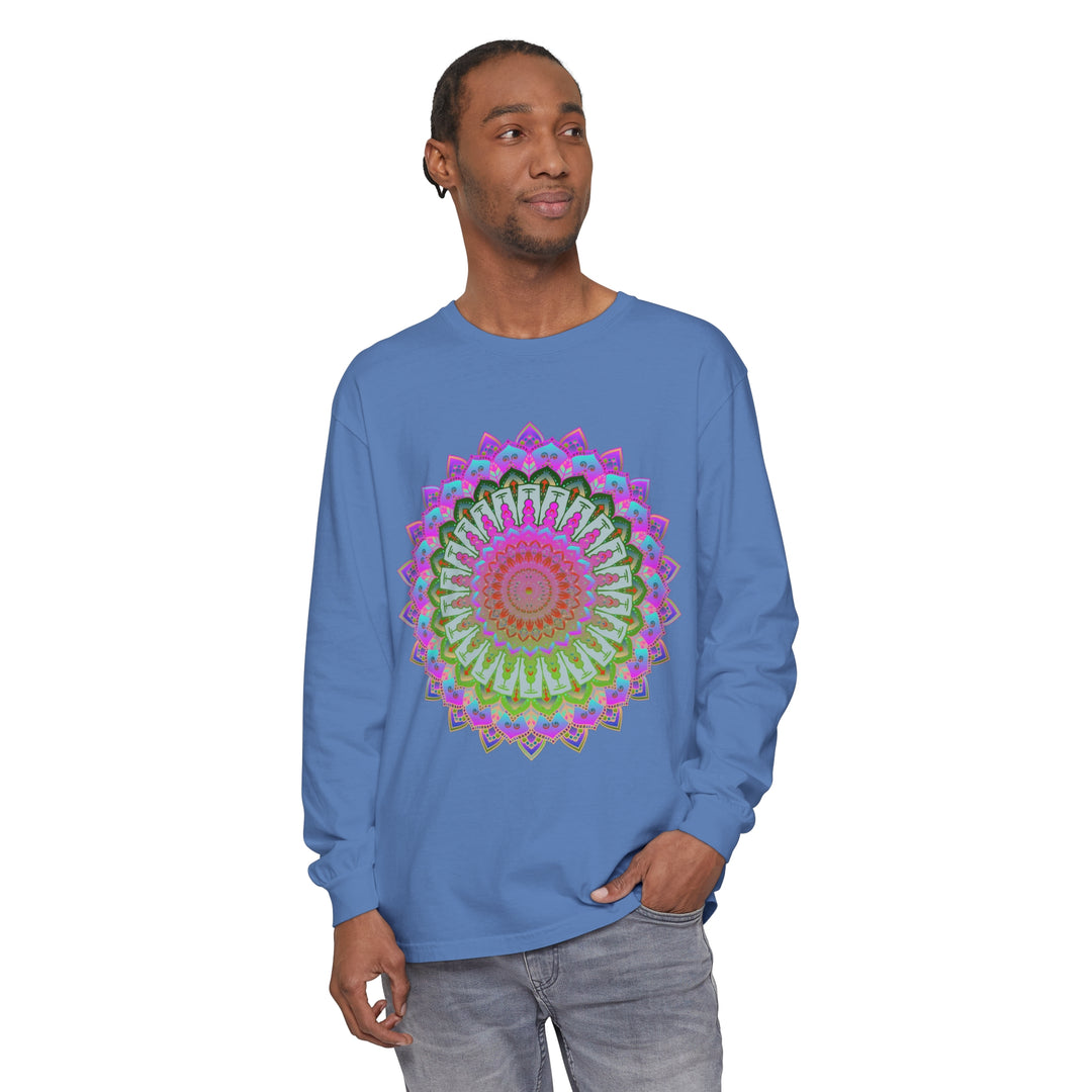 Colorful and intricate mandala design on a unisex long sleeve t-shirt