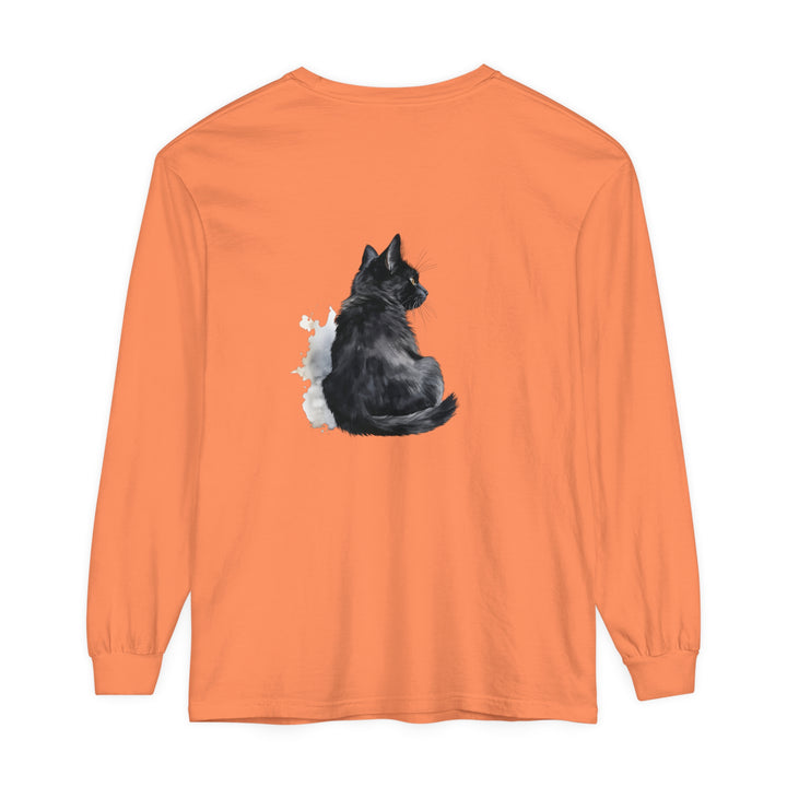 Black Cat Watercolor Unisex Long Sleeve T-Shirt featuring a detailed watercolor design of a black cat on a comfortable and versatile long sleeve shirt