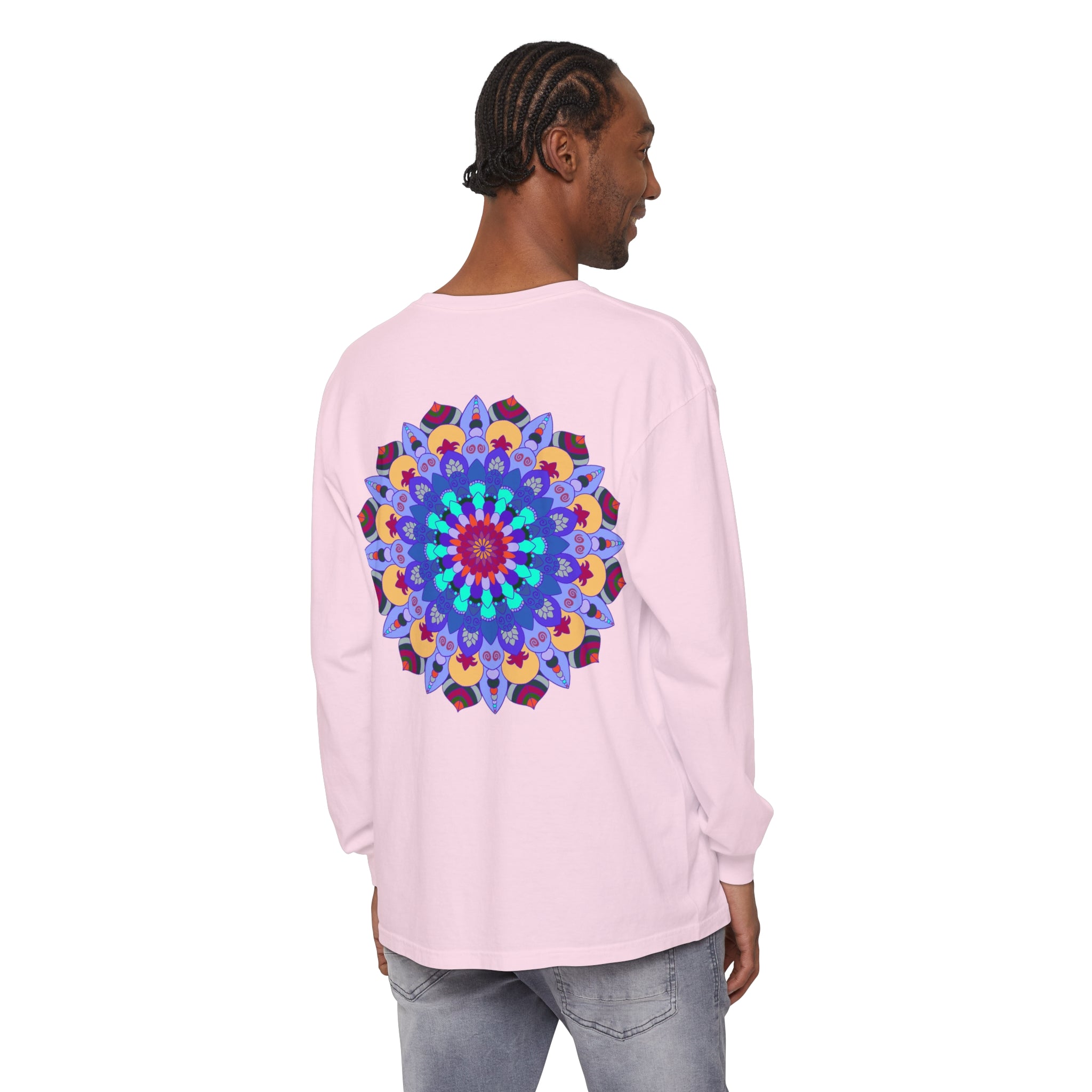 Colorful and intricate mandala design on a long sleeve t-shirt