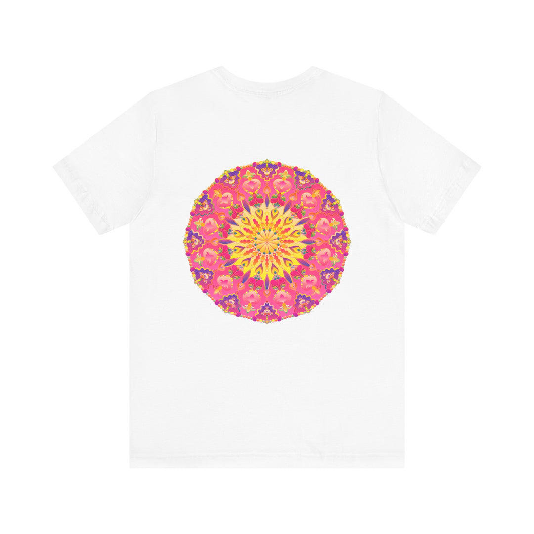 Beautiful pink and yellow mandala t-shirt with intricate design promoting peace and harmony