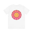 Beautiful pink and yellow mandala t-shirt with intricate design promoting peace and harmony