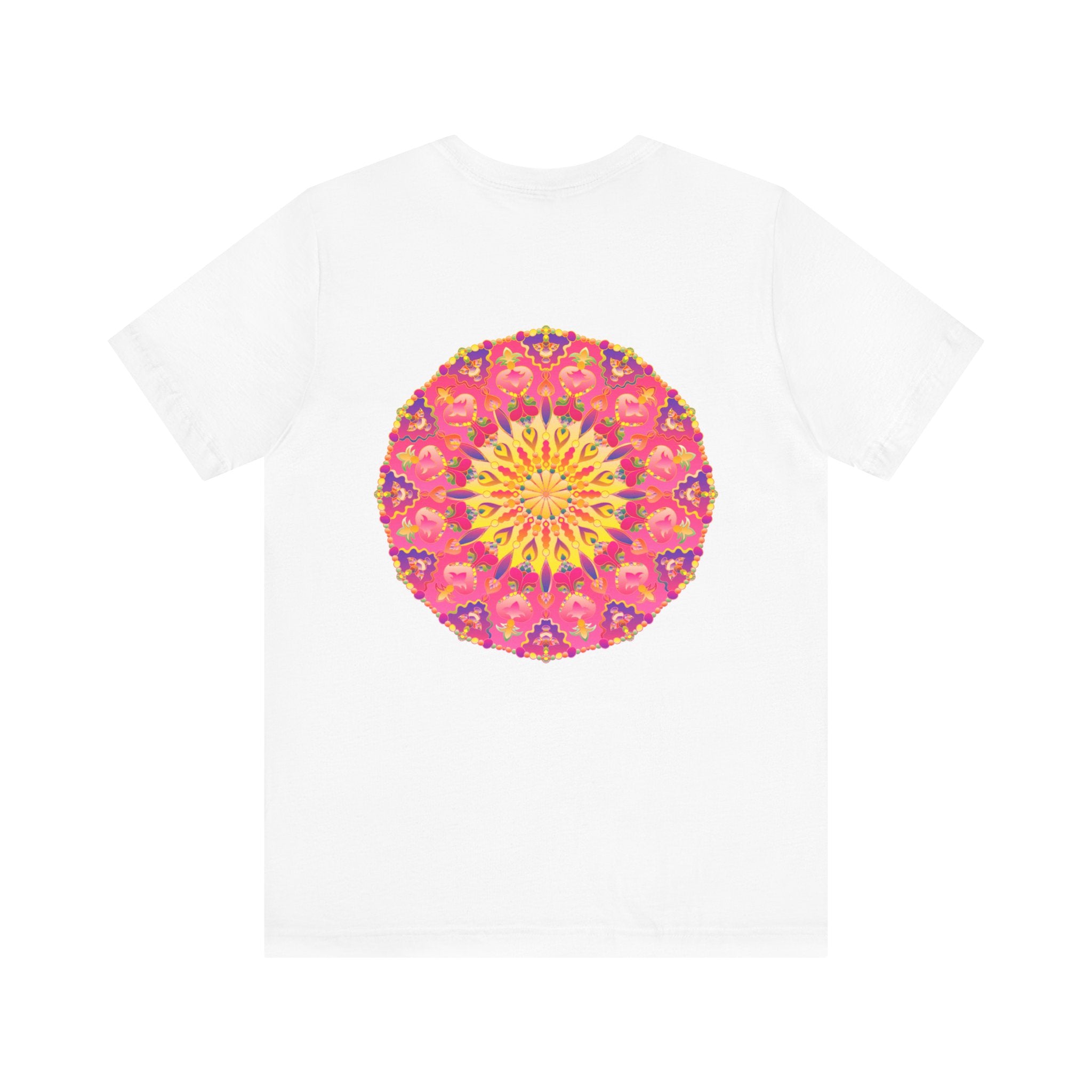 Beautiful pink and yellow mandala t-shirt with intricate design promoting peace and harmony