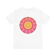 Beautiful pink and yellow mandala t-shirt with intricate design promoting peace and harmony