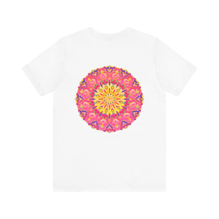 Beautiful pink and yellow mandala t-shirt with intricate design promoting peace and harmony