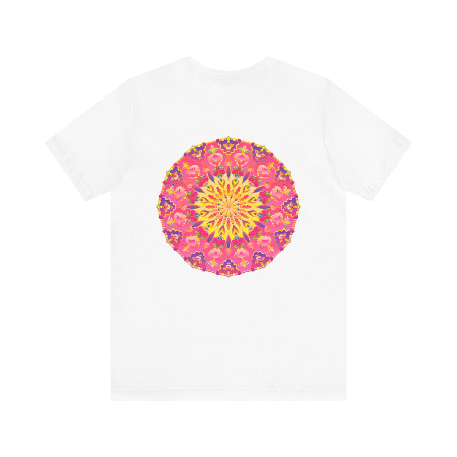 Beautiful pink and yellow mandala t-shirt with intricate design promoting peace and harmony