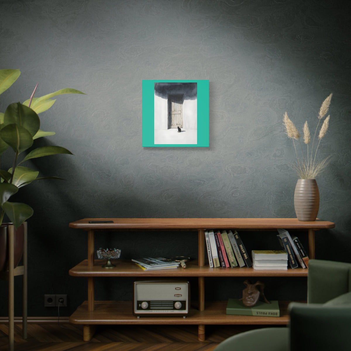 Cat at the Door Matte Canvas Wall Art — Moody Minimalist Cat Illustration